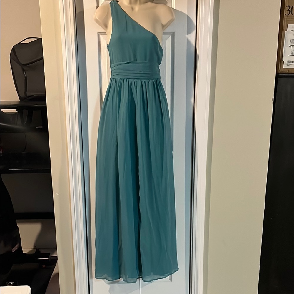 Tevolio Blue Asymmetrical Pleated Gown